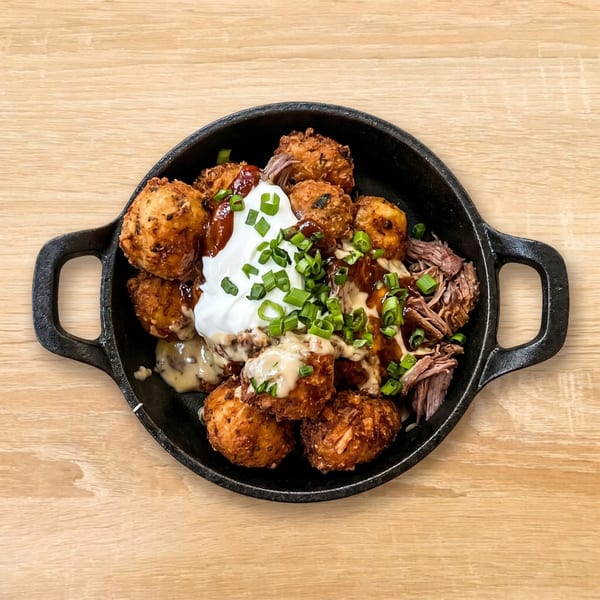 Crispy tater tots, pulled pork, sour cream, BBQ sauce, and green onions in a cast iron skillet.